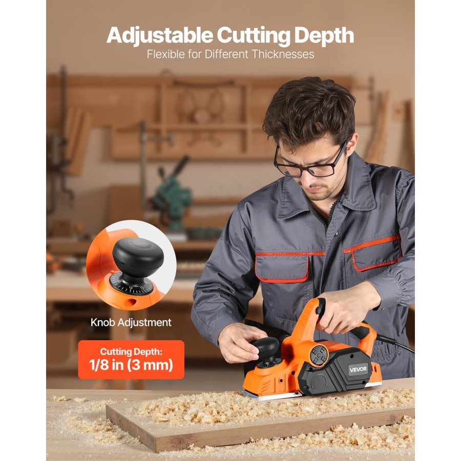VEVOR Electric Hand Planer, 82 mm Cut Width, 900W 14500 RPM Corded Power Handheld Planer for Wood, with Adjustable Cut Depth, 2 Blades, for Woodworking Wood Chamfer DIY Smooth Finish Carpentry Tool