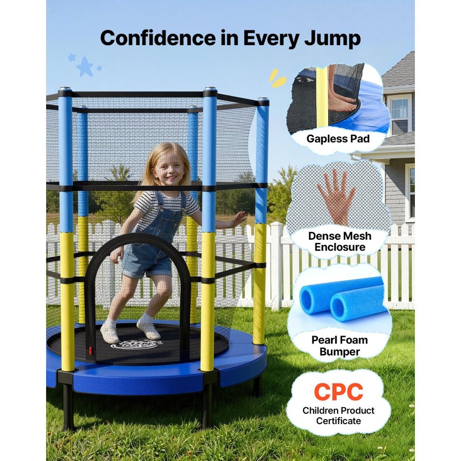 VEVOR 142cm Trampoline for Kids, Toddler Mini Trampoline, 60 kg Capacity Indoor Outdoor Play Toys with Enclosure Net, Easy to Assemble, Christmas Toys Birthday Gifts for Girls Boys