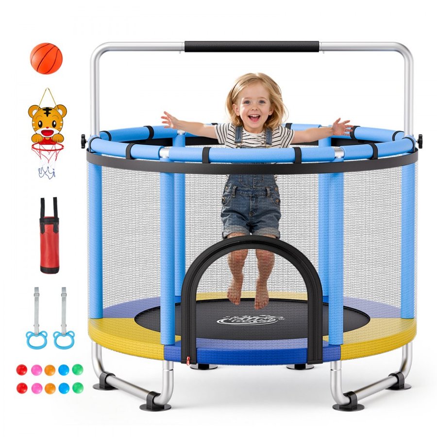 VEVOR 150cm Trampoline for Kids, Toddler Mini Trampoline, 60 kg Indoor Outdoor Play Toys with Enclosure Net and Adjustable Gymnastics Bar, Christmas Toys Birthday Gifts for Girls Boys