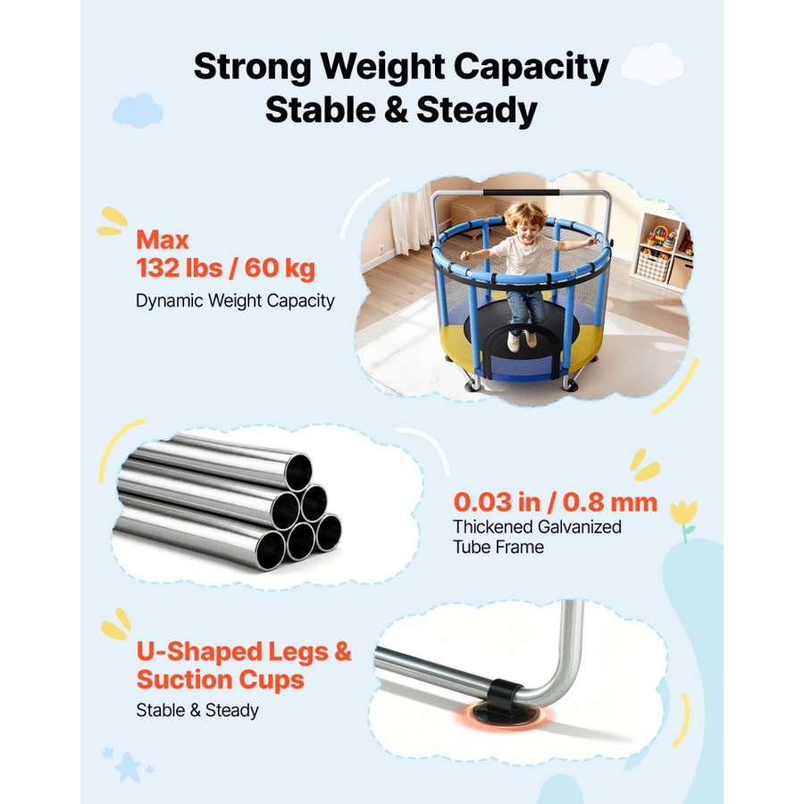 VEVOR 150cm Trampoline for Kids, Toddler Mini Trampoline, 60 kg Indoor Outdoor Play Toys with Enclosure Net and Adjustable Gymnastics Bar, Christmas Toys Birthday Gifts for Girls Boys