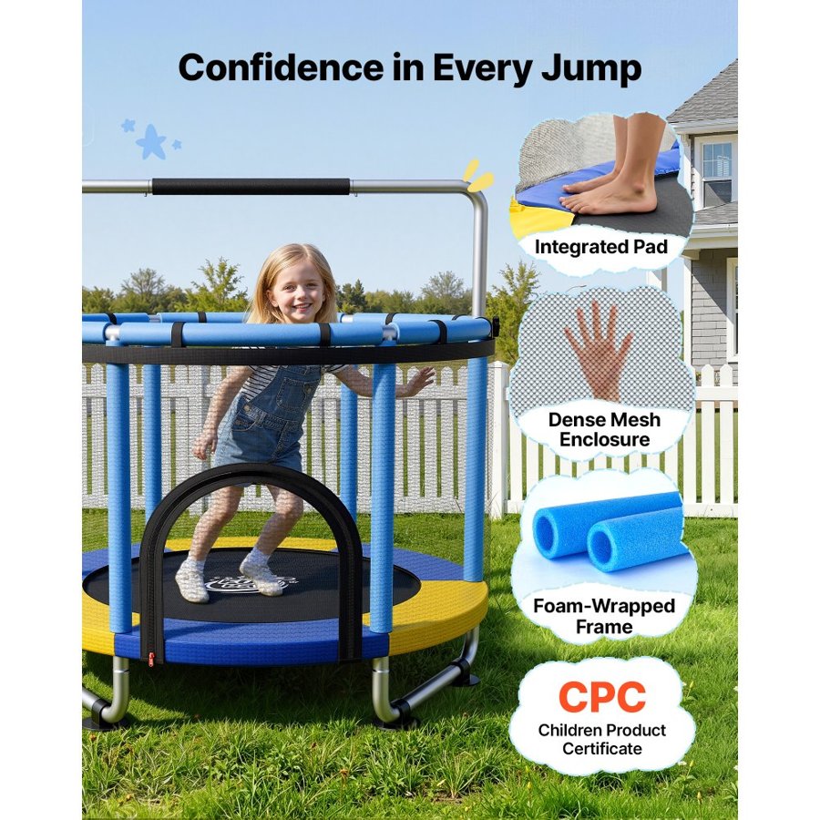 VEVOR 150cm Trampoline for Kids, Toddler Mini Trampoline, 60 kg Indoor Outdoor Play Toys with Enclosure Net and Adjustable Gymnastics Bar, Christmas Toys Birthday Gifts for Girls Boys