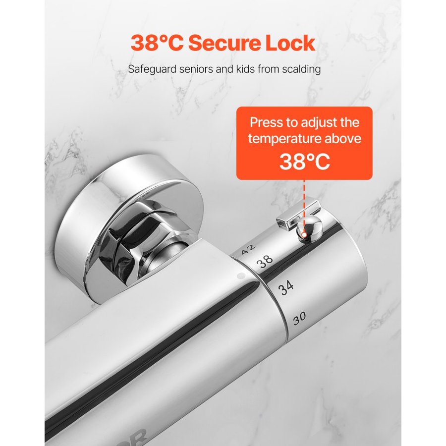 VEVOR Thermostatic Shower Faucet Valve, 38℃ Secure Lock Thermostatic Shower Valve, Hot Cold Water Showering Faucet Temperature Control Valves with Solid Brass Casting for Bathroom, RV, Leak-Proof