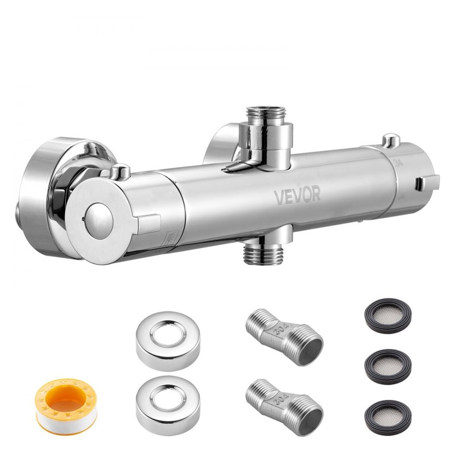 VEVOR Thermostatic Shower Faucet Valve, 38℃ Secure Lock Thermostatic Mixing Valve, Hot Cold Water Showering Faucet Temperature Control Valves with Consistent Water Temperature for Bathroom, RV, Camper