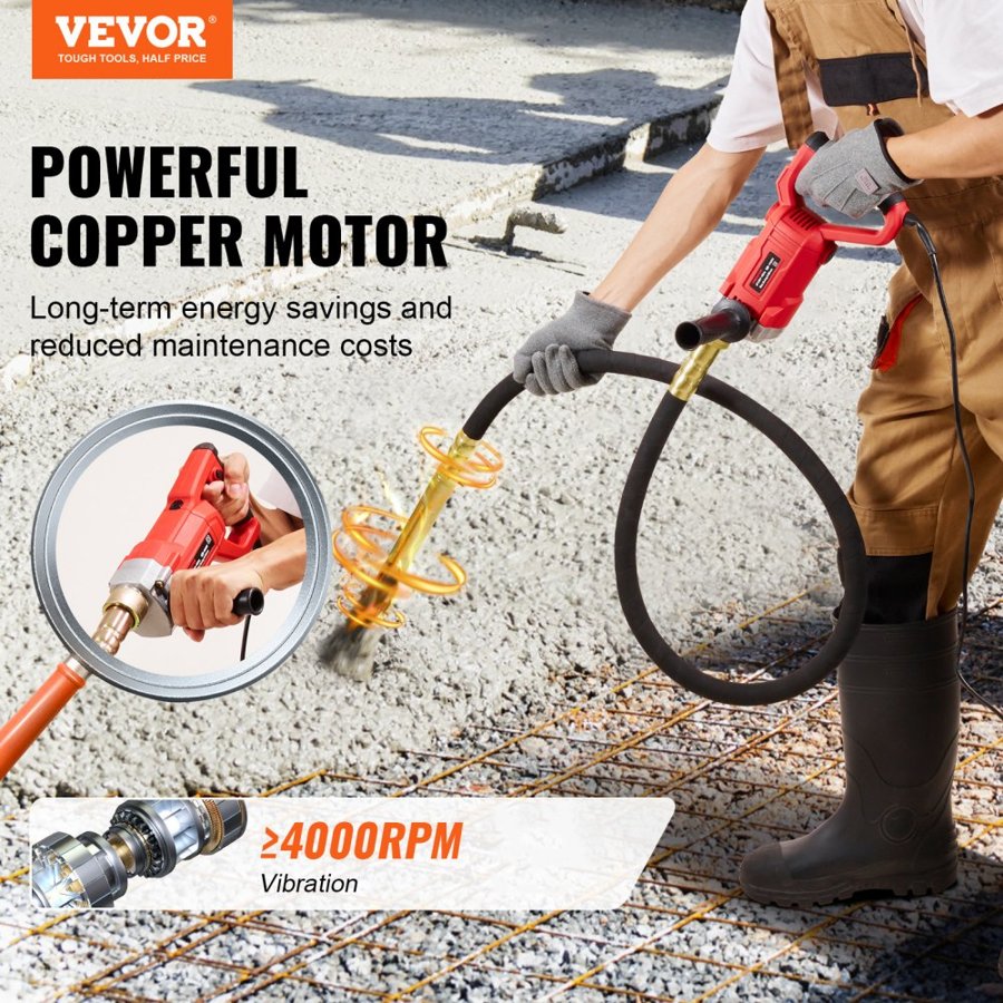 VEVOR Handheld Concrete Vibrator, 960W Electric Vibrator 4000 RPM, Electric Concrete Vibrating Tool With 6.6ft / 2m Shaft Rod, Portable Pencil Cement Vibrator Remove Air Bubble and Mix Concrete