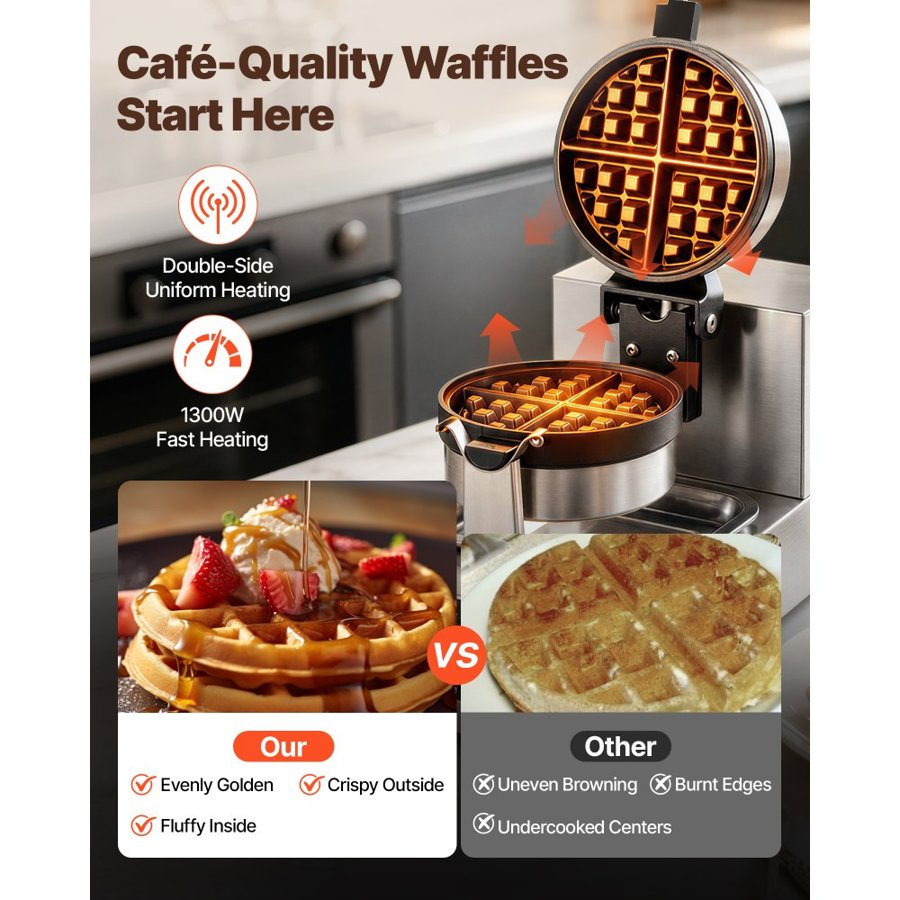 VEVOR Commercial Round Waffle Maker – 1300W, 220V, 18.0 lbs