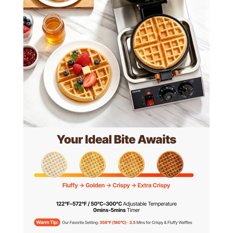 VEVOR Commercial Round Waffle Maker – 1300W, 220V, 18.0 lbs