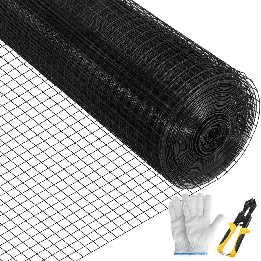 VEVOR Hardware Cloth, 24\" x 100\' & 1\"x1\" Mesh Size, Galvanized Steel Vinyl Coated 16 Gauge Chicken Wire Fencing with A Cutting Plier & A Pair of Fabric Gloves, for Garden Fencing & Pet Enclosures,