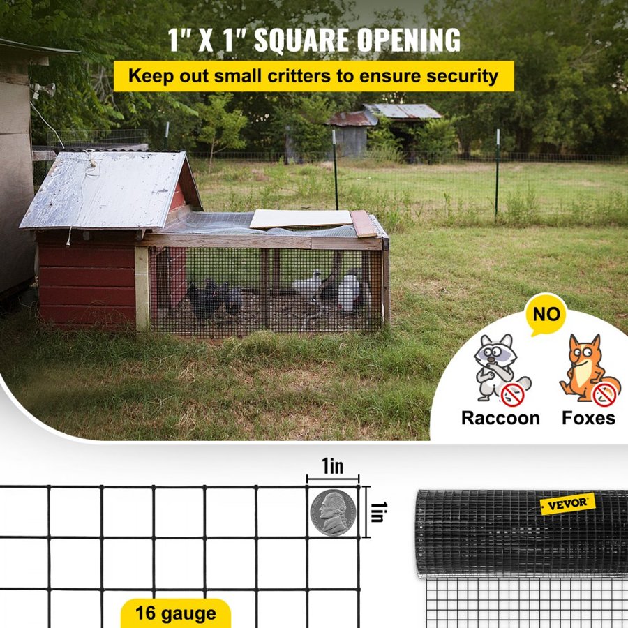 VEVOR Hardware Cloth, 24\" x 100\' & 1\"x1\" Mesh Size, Galvanized Steel Vinyl Coated 16 Gauge Chicken Wire Fencing with A Cutting Plier & A Pair of Fabric Gloves, for Garden Fencing & Pet Enclosures,