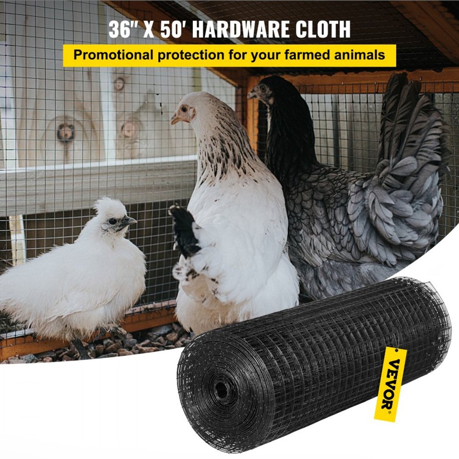 VEVOR Hardware Cloth, 36\" x 50\' & 1\"x1\" Mesh Size, Galvanized Steel Vinyl Coated 16 Gauge Chicken Wire Fencing with A Cutting Plier & A Pair of Fabric Gloves, for Garden Fencing & Pet Enclosures,