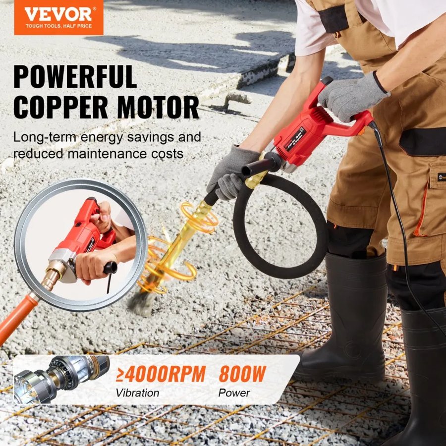 VEVOR Handheld Concrete Vibrator, 800W Electric Vibrator 4000 RPM, Electric Concrete Vibrating Tool With 4.9ft / 1.5m Shaft Rod, Portable Pencil Cement Vibrator Remove Air Bubble and Mix Concrete
