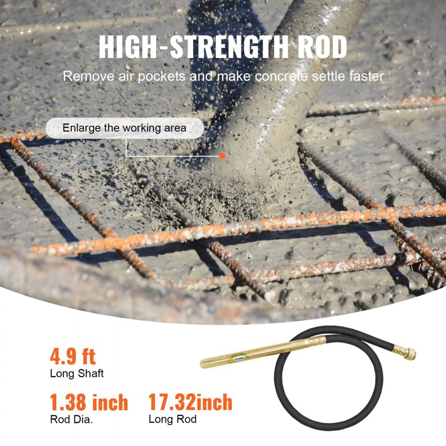 VEVOR Handheld Concrete Vibrator, 800W Electric Vibrator 4000 RPM, Electric Concrete Vibrating Tool With 4.9ft / 1.5m Shaft Rod, Portable Pencil Cement Vibrator Remove Air Bubble and Mix Concrete