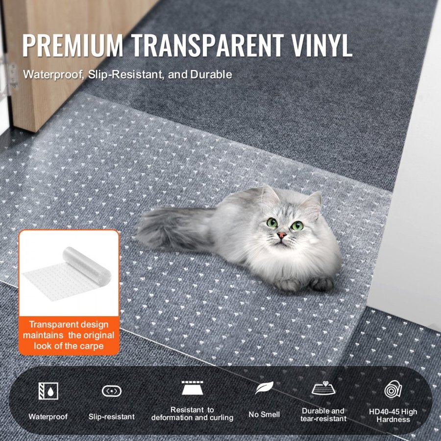 VEVOR Carpet Protector for Pets, 15" x 4' PVC Scratch-Proof Cat Carpet Protector for Doorway, Anti-Slip Cat Scratch Protector Mat, Easy to Cut Plastic Carpet Scratch Stopper, Cat Scratch Guard Carpet