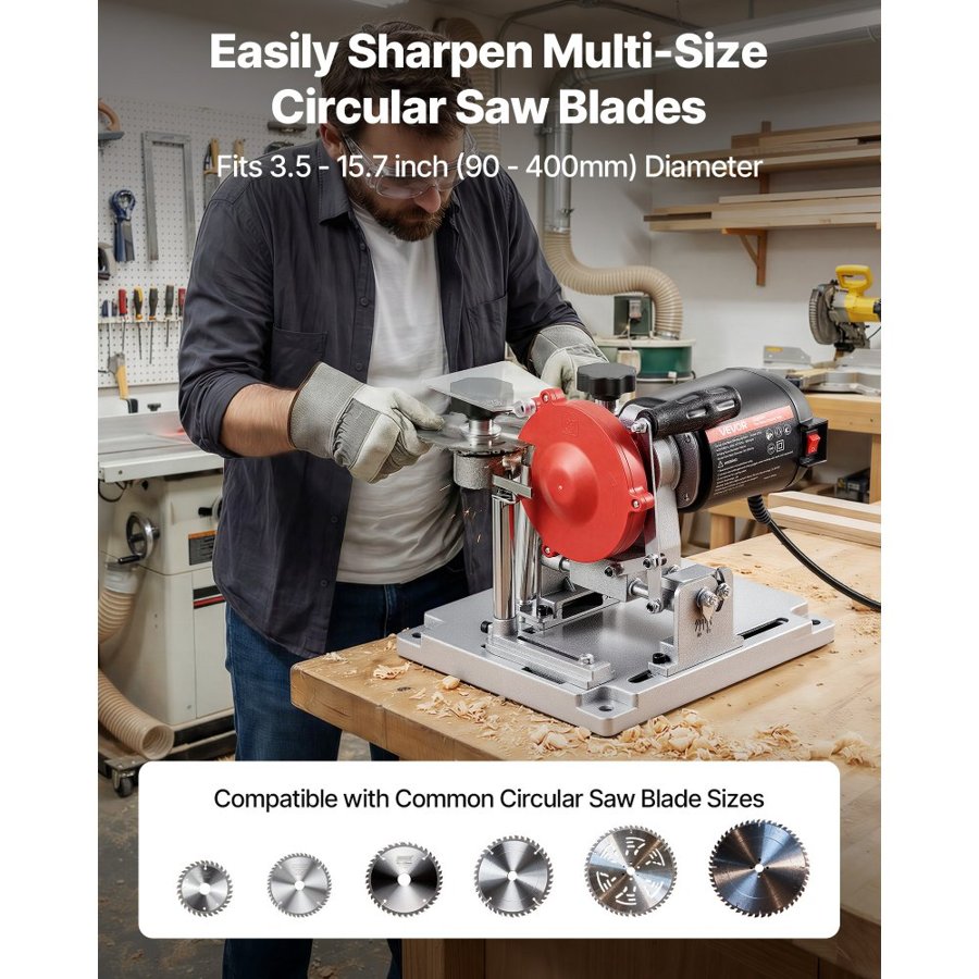 VEVOR Circular Saw Blade Sharpener, 140W 5700RPM Electric Saw Blade Sharpening Machine with 100mm Ceramic & Diamond Grinding Wheels - Fits 90mm to 400mm Diameter Circular Saw Blades