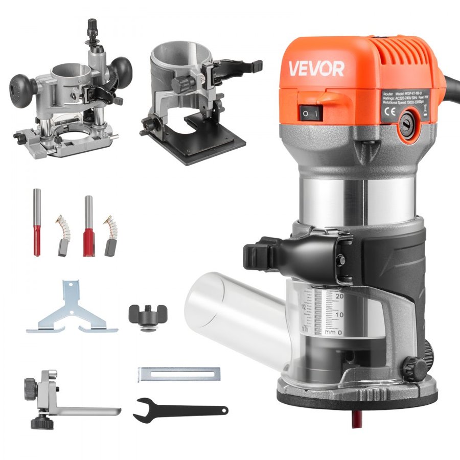 VEVOR 1HP Palm Wood Router – 3 Bases and Soft Start, 710W