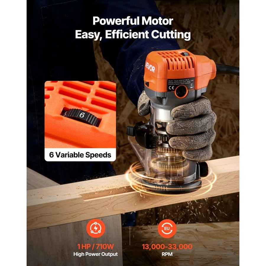 VEVOR 1HP Palm Wood Router – 3 Bases and Soft Start, 710W