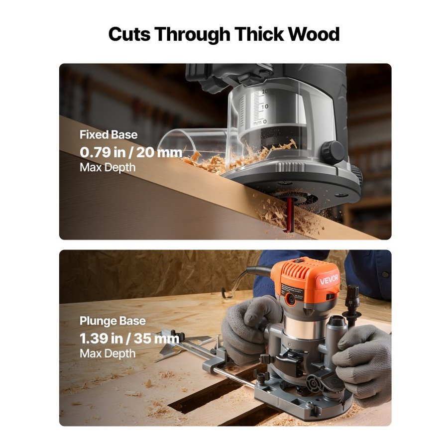 VEVOR 1HP Palm Wood Router – 3 Bases and Soft Start, 710W