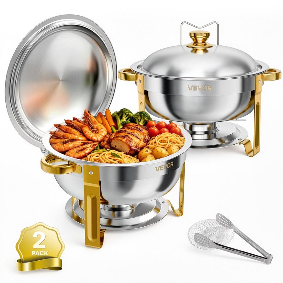 VEVOR 2 Packs Chafing Dishes for Buffet Set, 5.7L Stainless Steel Chafer, for Banquet Party Wedding Catering Event, Round Stackable Buffet Server and Warmer, with 2 Pots, Fuel Holder, Tong, Glass Pad