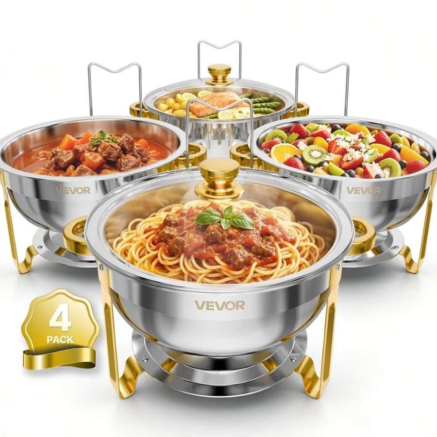 VEVOR 4 Packs Chafing Dishes for Buffet Set, 5.7L Stainless Steel Chafer, for Banquet Party Wedding Catering Event, Round Stackable Buffet Servers and Warmers, with 4 Pots, Glass Lid, and Fuel Holder