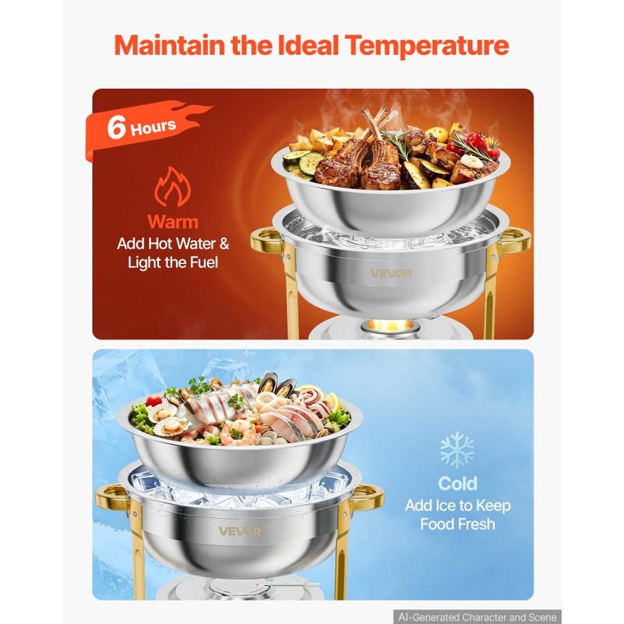 VEVOR 4 Packs Chafing Dishes for Buffet Set, 5.7L Stainless Steel Chafer, for Banquet Party Wedding Catering Event, Round Stackable Buffet Servers and Warmers, with 4 Pots, Glass Lid, and Fuel Holder