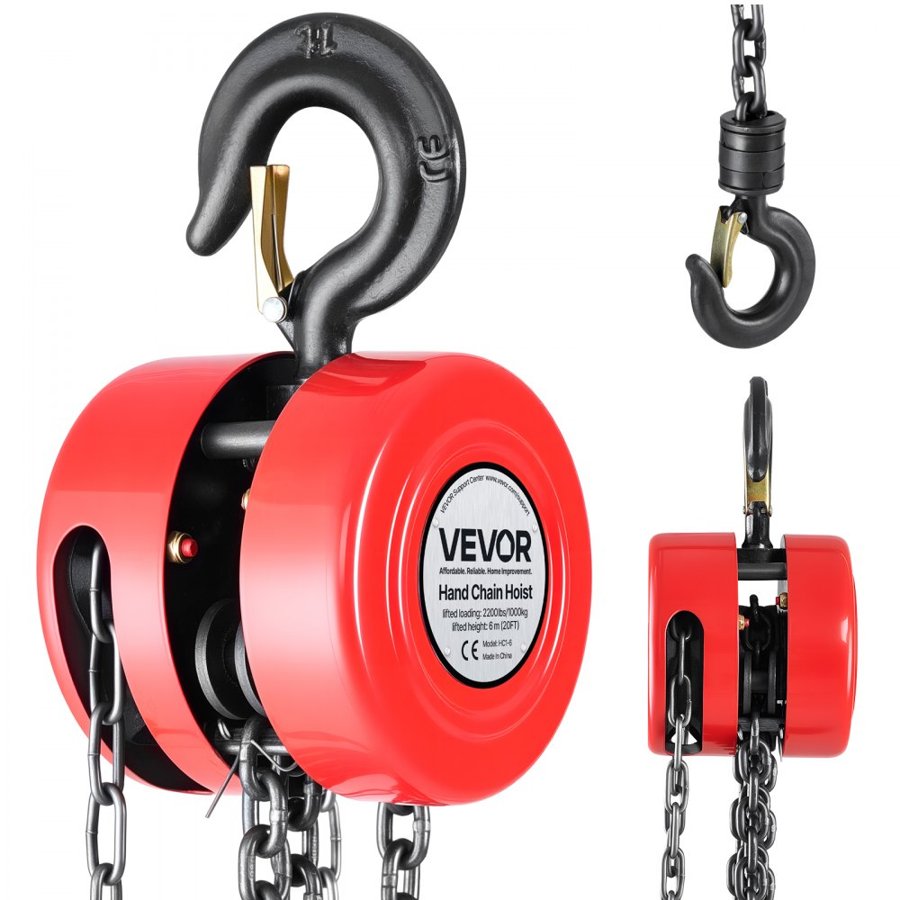 VEVOR Hand Chain Hoist, 1 Ton Capacity, Manual Chain Block with Upgrade G70 Galvanized Chain, 6 m Lifting Height, Heavy Duty Pulley Hoist for Garage Warehouse Automotive Machinery, Red
