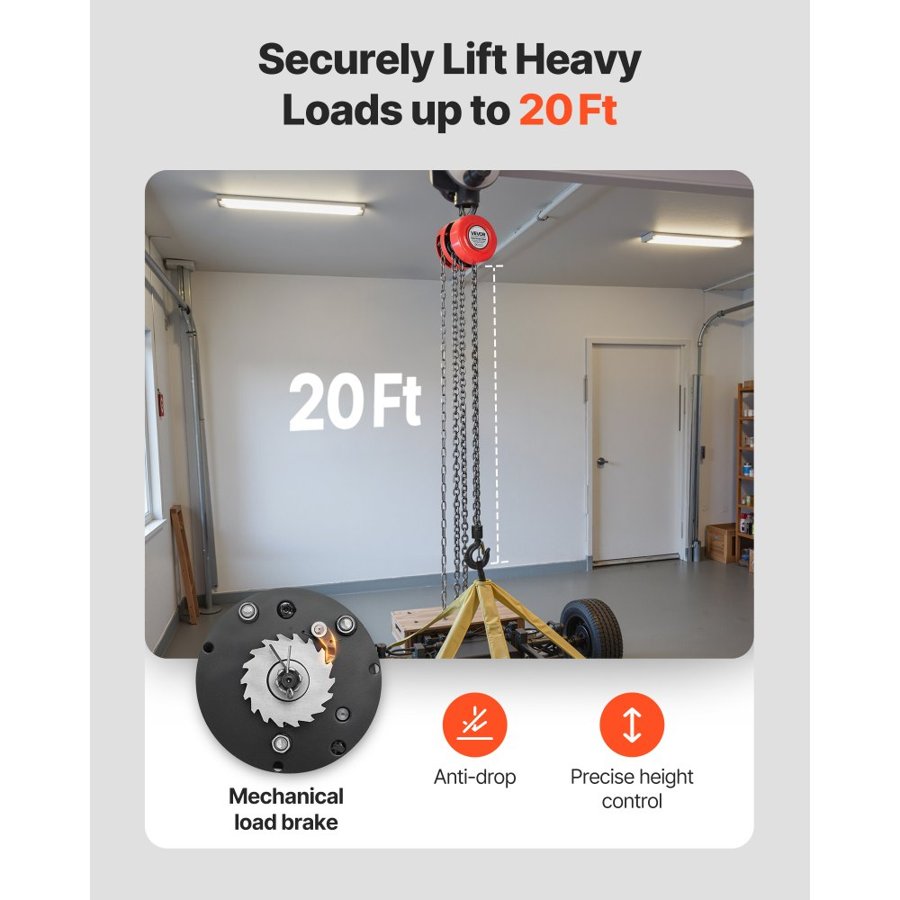 VEVOR Hand Chain Hoist, 1 Ton Capacity, Manual Chain Block with Upgrade G70 Galvanized Chain, 6 m Lifting Height, Heavy Duty Pulley Hoist for Garage Warehouse Automotive Machinery, Red