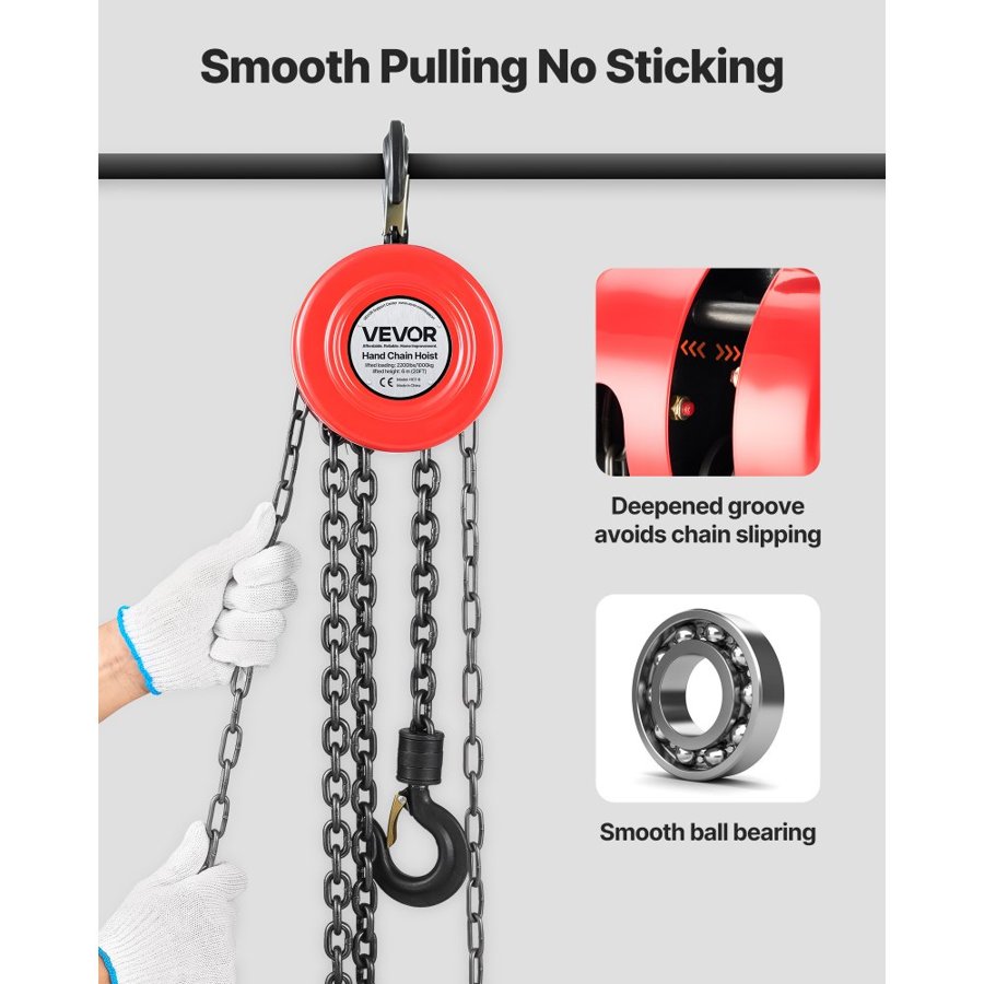 VEVOR Hand Chain Hoist, 1 Ton Capacity, Manual Chain Block with Upgrade G70 Galvanized Chain, 6 m Lifting Height, Heavy Duty Pulley Hoist for Garage Warehouse Automotive Machinery, Red