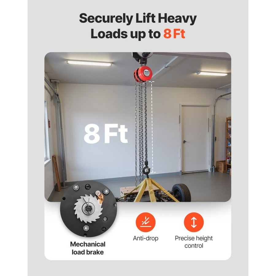 VEVOR Hand Chain Hoist, 1 Ton Capacity, Manual Chain Block with Upgrade G70 Galvanized Chain, 2.44 m Lifting Height, Heavy Duty Pulley Hoist for Garage Warehouse Automotive Machinery, Red