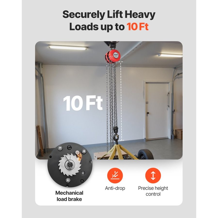VEVOR Hand Chain Hoist, 2 Ton Capacity, Manual Chain Block with Upgrade G70 Galvanized Chain, 3 m Lifting Height, Heavy Duty Pulley Hoist for Garage Warehouse Automotive Machinery, Red