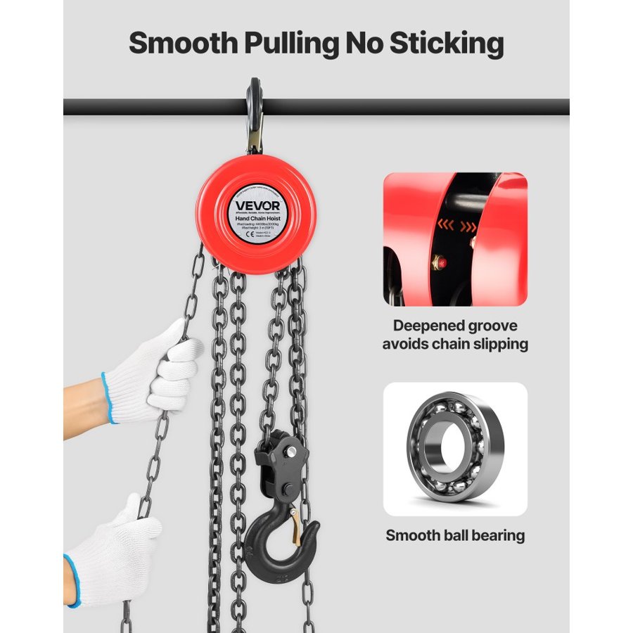 VEVOR Hand Chain Hoist, 2 Ton Capacity, Manual Chain Block with Upgrade G70 Galvanized Chain, 3 m Lifting Height, Heavy Duty Pulley Hoist for Garage Warehouse Automotive Machinery, Red