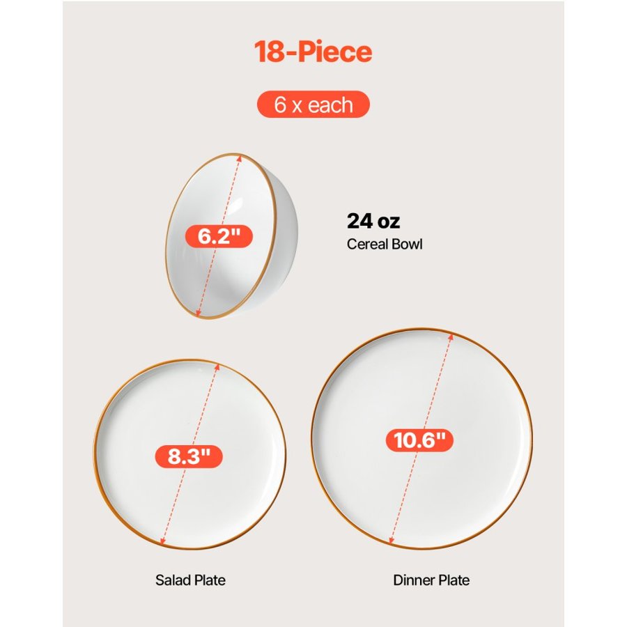 VEVOR Dinnerware Set, Service for 6  People, Round Plates and Bowls Sets, Scratch Resistant Ceramic Dinner Ware, Dishwasher and Microwave Suitable Kitchen Dishes, for Dessert Salad Soup Pasta, White