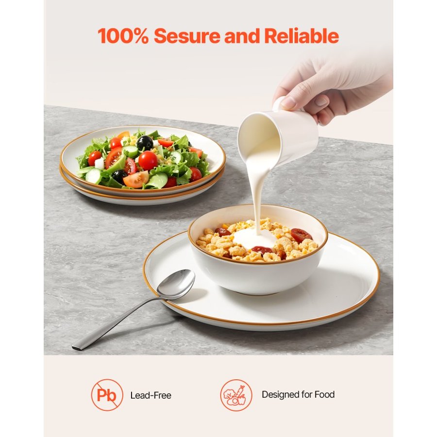 VEVOR Dinnerware Set, Service for 6  People, Round Plates and Bowls Sets, Scratch Resistant Ceramic Dinner Ware, Dishwasher and Microwave Suitable Kitchen Dishes, for Dessert Salad Soup Pasta, White