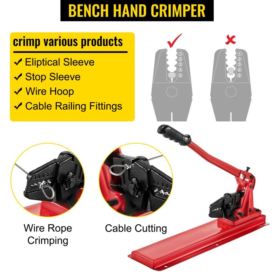 VEVOR Bench Swager Tool 24\" Wire Rope Swaging Tool with Crimper Cable Bolt Cutter Head Bench Crimper 1/16\"-3/16\" Aluminum/Copper Sleeves Bench Cable Alloy Steel Crimper Swager for1/2\" Wire Rope Fe