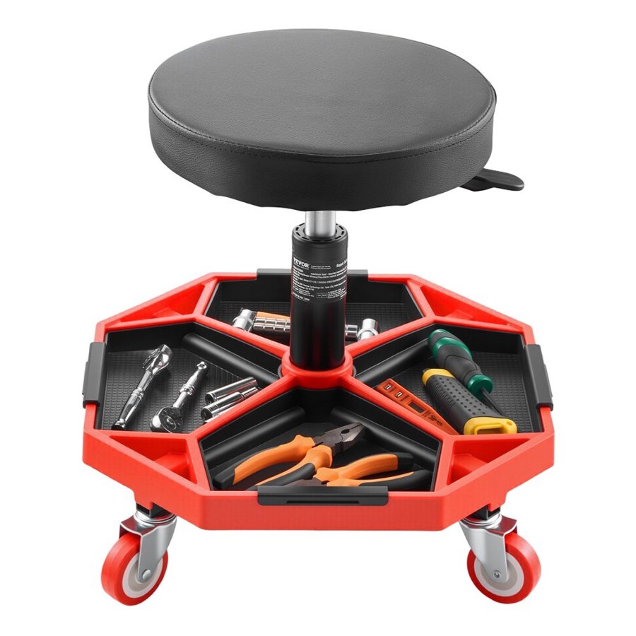 VEVOR Rolling Mechanic Stool with Wheels, 300 lbs Capacity Garage Seat/Work Stool, Adjustable Height (16.5-21.7 in) Roller Creeper Seat with Tool Tray, for Garage, Shop & Auto Repair, Black+Red