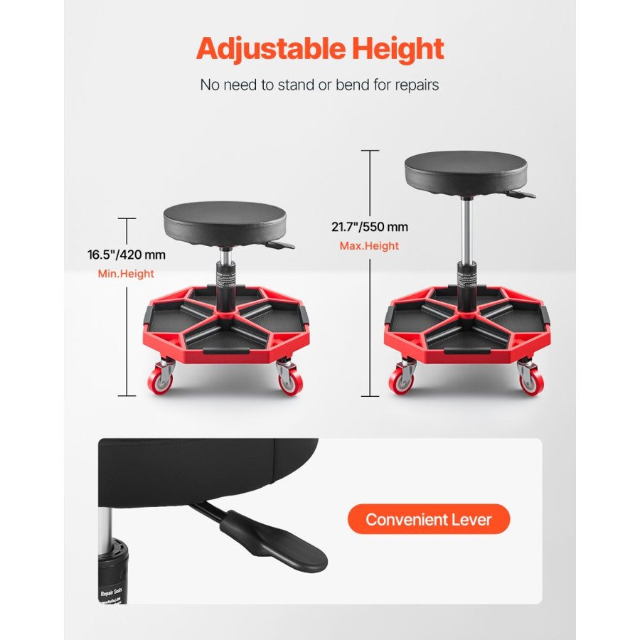 VEVOR Rolling Mechanic Stool with Wheels, 300 lbs Capacity Garage Seat/Work Stool, Adjustable Height (16.5-21.7 in) Roller Creeper Seat with Tool Tray, for Garage, Shop & Auto Repair, Black+Red