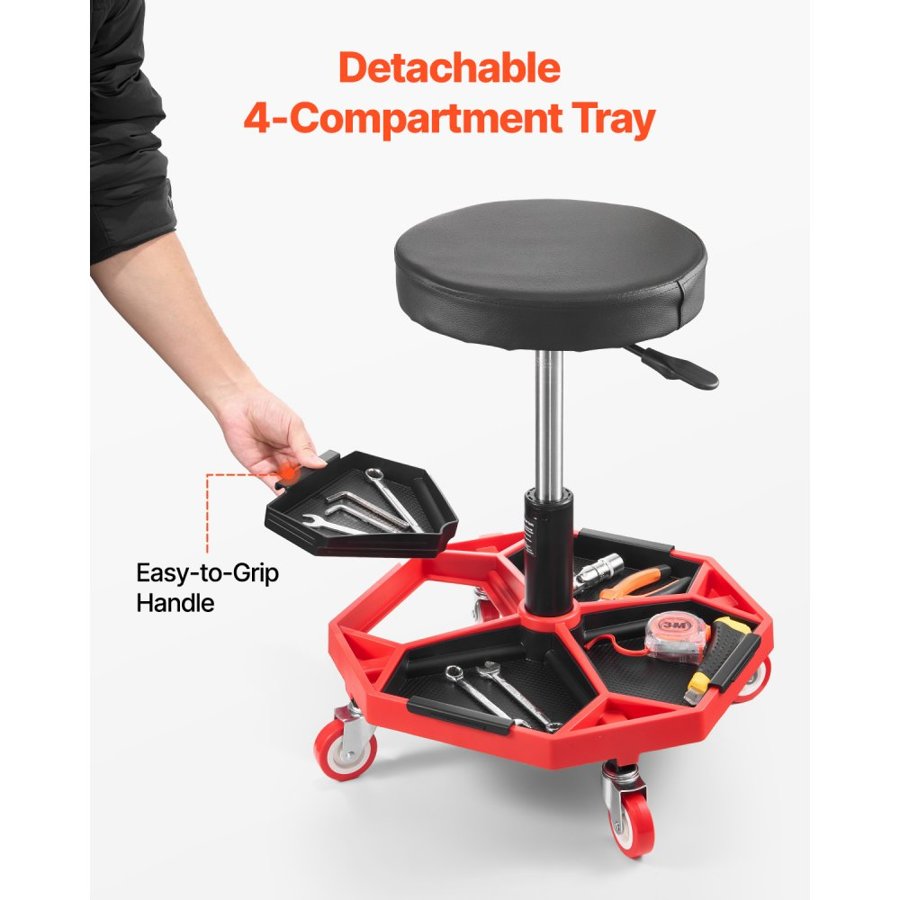 VEVOR Rolling Mechanic Stool with Wheels, 300 lbs Capacity Garage Seat/Work Stool, Adjustable Height (16.5-21.7 in) Roller Creeper Seat with Tool Tray, for Garage, Shop & Auto Repair, Black+Red