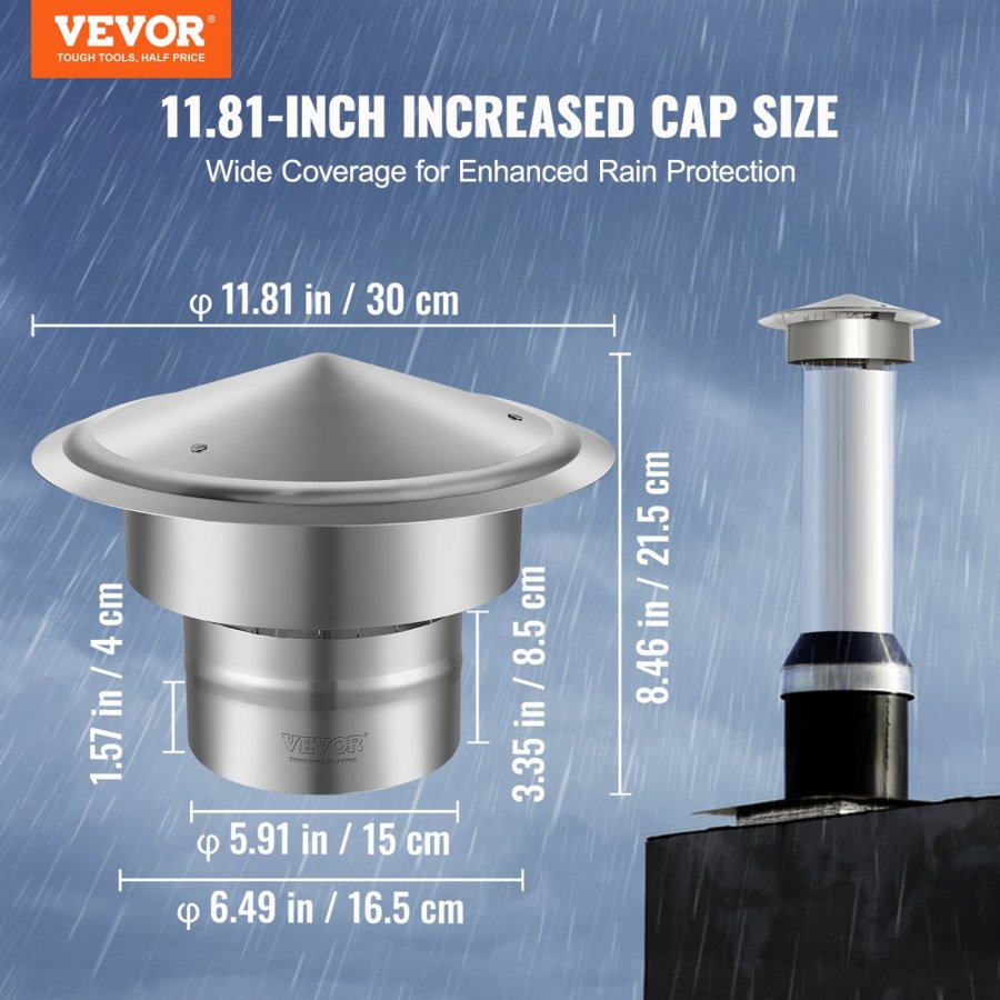 VEVOR Chimney Cap, 152.4 mm, 304 Stainless Steel Round Roof Rain Cap, 300mm Increased Caps, All Weather & Reinforced Screws & Easy Installation, for Perfect Insulation Vent Cover Outside, Silver