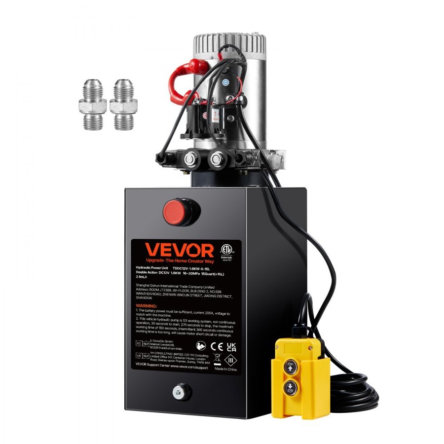 VEVOR Hydraulic Pump, 15 Quart Hydraulic Power Unit, Double Acting Dump Trailer Pump, 0.91 GPM Flow Rate, 3200 PSI Max Relief Pressure, DC 12V Hydraulic Pump for Dump Trailer Car Lifting