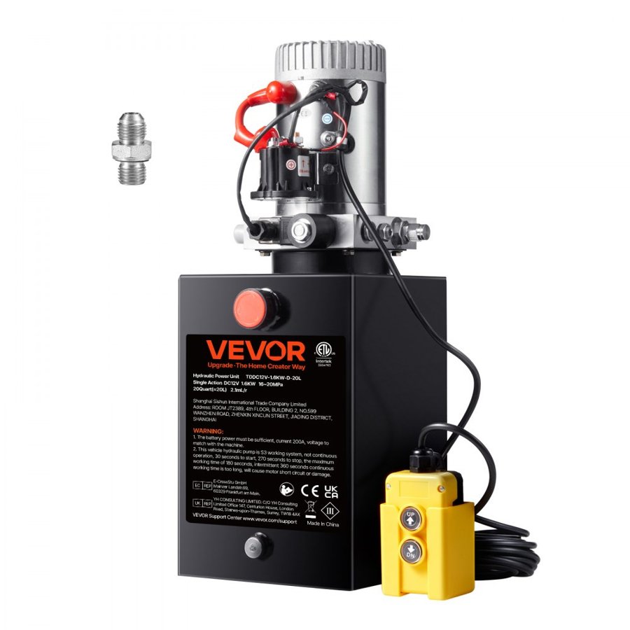 VEVOR Hydraulic Pump, 20 Quart Hydraulic Power Unit, Single Acting Dump Trailer Pump, 0.91 GPM Flow Rate, 3200 PSI Max Relief Pressure, DC 12V Hydraulic Pump for Dump Trailer Car Lifting