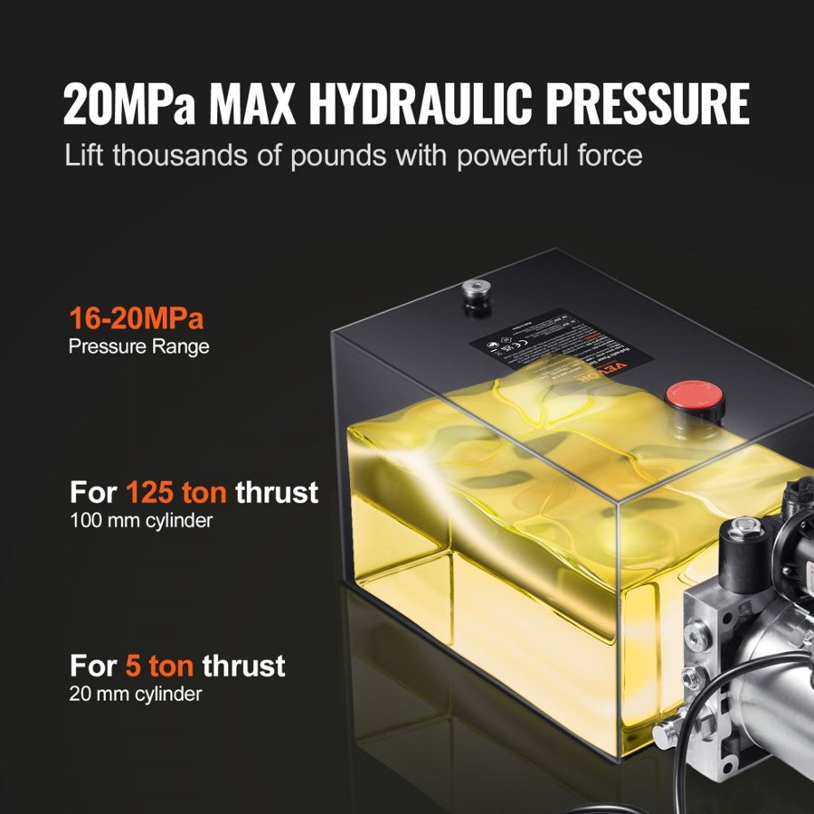 VEVOR Hydraulic Pump, 20 Quart Hydraulic Power Unit, Single Acting Dump Trailer Pump, 0.91 GPM Flow Rate, 3200 PSI Max Relief Pressure, DC 12V Hydraulic Pump for Dump Trailer Car Lifting