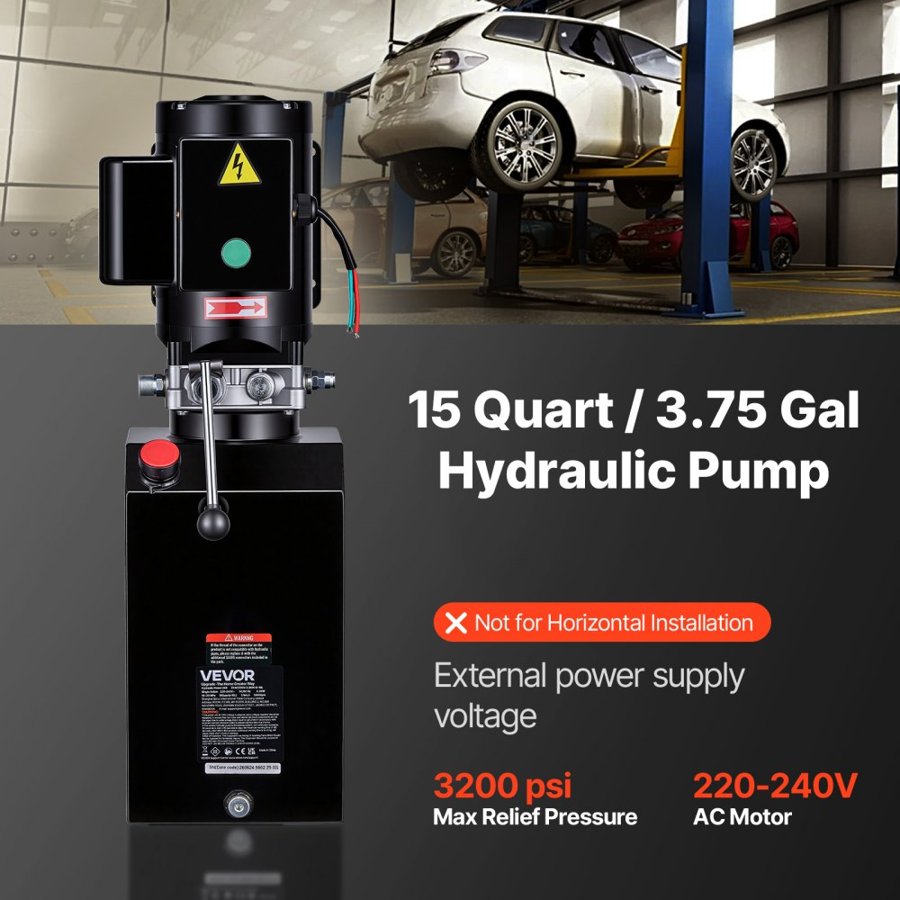 VEVOR 15L Hydraulic Pump, 2.2KW Hydraulic Dump Trailer Pump Single Acting, 22Mpa Max Relief Pressure, 6.3L/Min Flow Rate, AC220-240V Hydraulic Power Unit Car Lift (Vertical Installation)