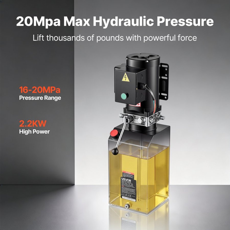 VEVOR 15L Hydraulic Pump, 2.2KW Hydraulic Dump Trailer Pump Single Acting, 22Mpa Max Relief Pressure, 6.3L/Min Flow Rate, AC220-240V Hydraulic Power Unit Car Lift (Vertical Installation)
