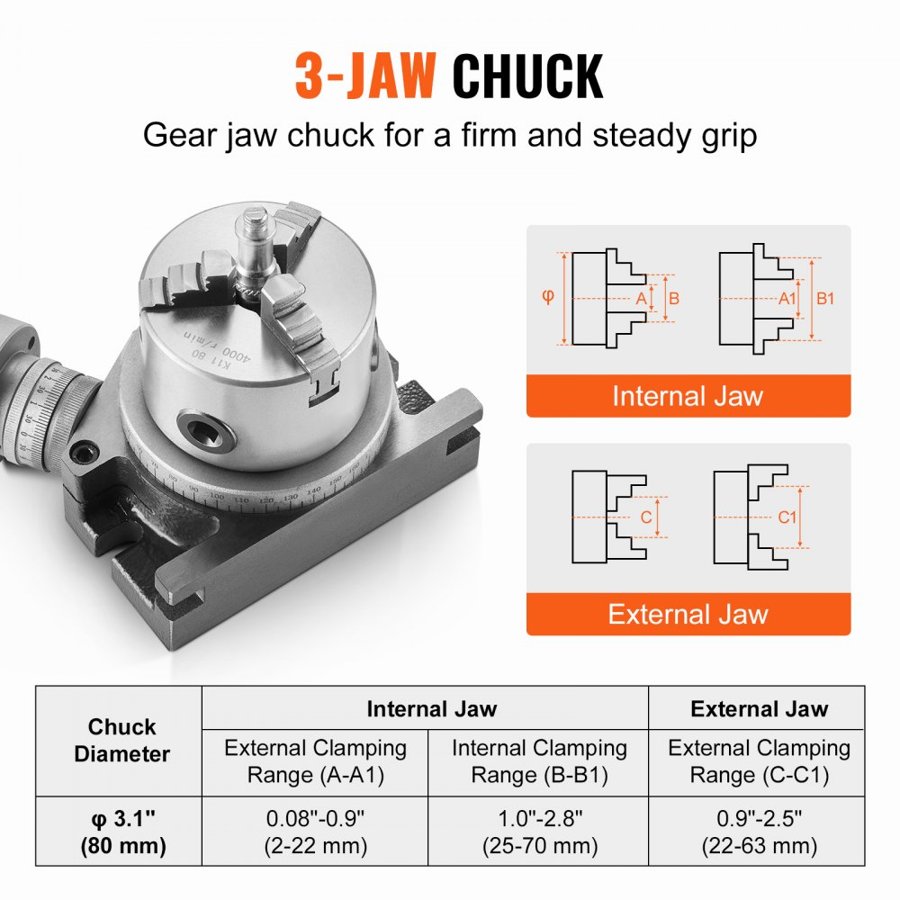 VEVOR Rotary Table for Milling Machines, 100 mm, Horizontal Vertical Model Precision Milling Rotary Table, with 80 mm 3-Jaw Chuck M10 T-Bolts Nuts, for Milling Engineering Indexing Tools