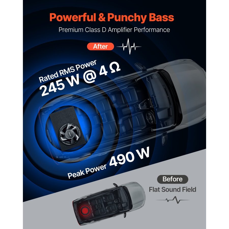VEVOR 12" Subwoofer and Amp Package – 490W Peak, MDF
