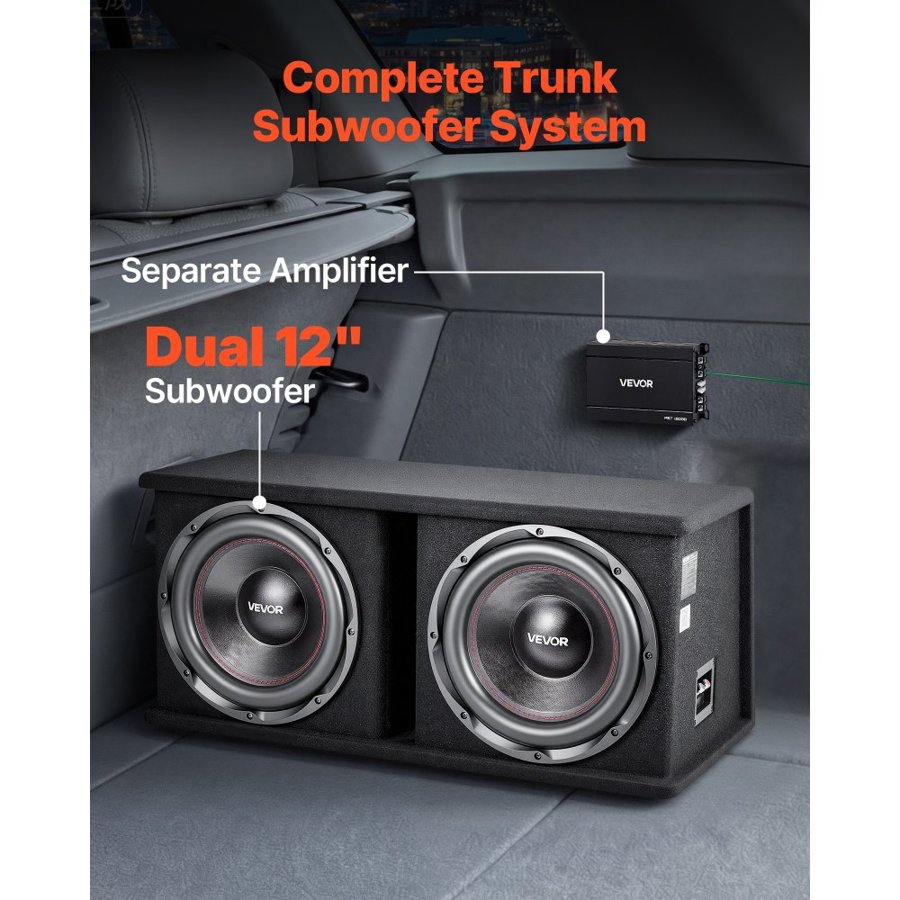 VEVOR Subwoofer Bass Package, 305mm, 1200W RMS, Dual Car Audio Subwoofer and Amp Package, with Loaded Enclosure, Separate Amplifier, and Wiring Kit, for Various Vehicles Trunks, Car Audio Systems
