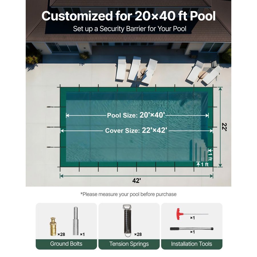 VEVOR Pool Safety Cover Fits 6.09 x 12.19 m Rectangle Inground Pools, Safety Pool Cover with Drainage Holes, Mesh Solid Pool Cover for Swimming Pool, Winter Safety Cover, Green