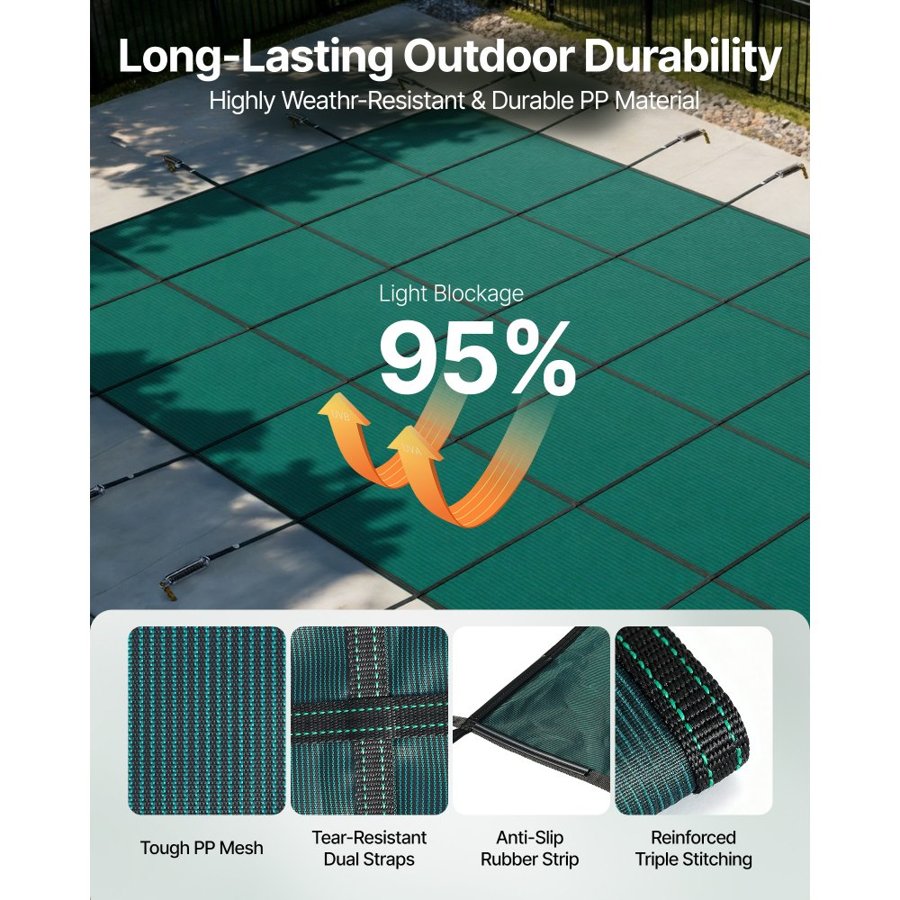 VEVOR Pool Safety Cover Fits 6.09 x 12.19 m Rectangle Inground Pools, Safety Pool Cover with Drainage Holes, Mesh Solid Pool Cover for Swimming Pool, Winter Safety Cover, Green