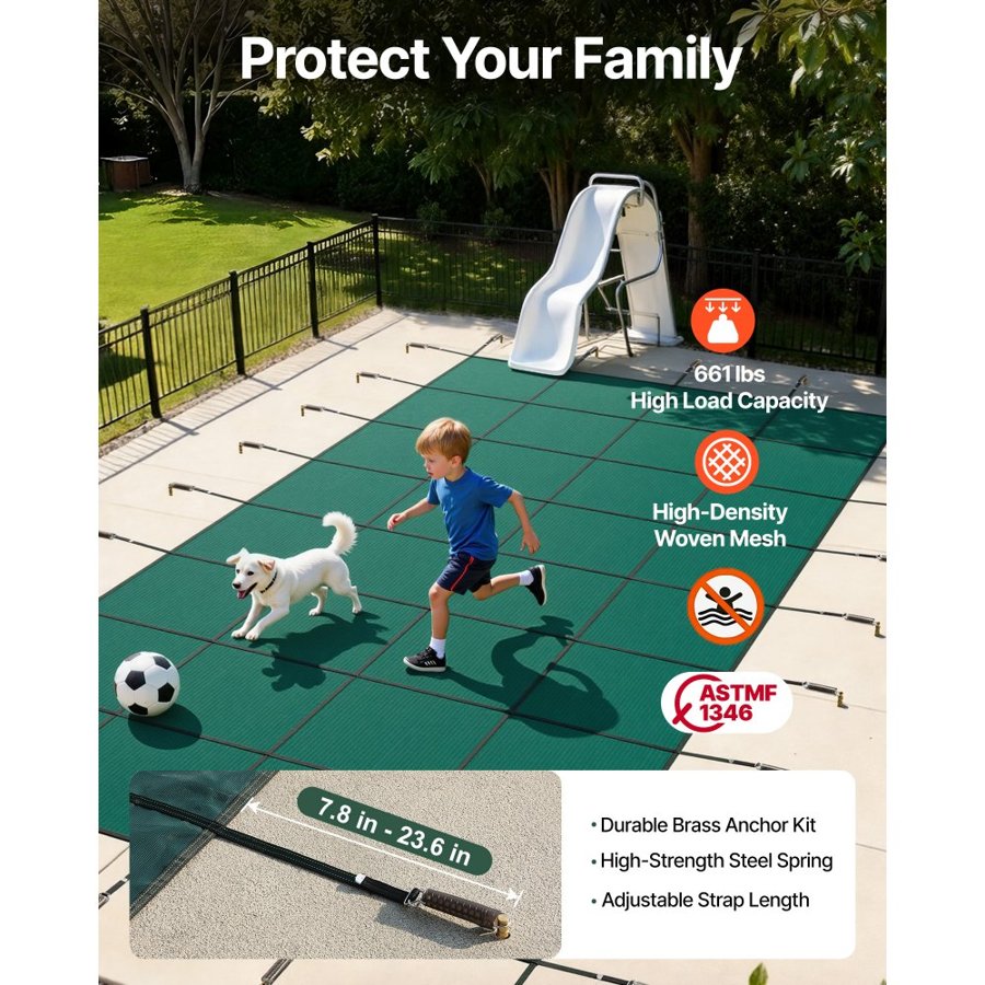 VEVOR Pool Safety Cover Fits 6.09 x 12.19 m Rectangle Inground Pools, Safety Pool Cover with Drainage Holes, Mesh Solid Pool Cover for Swimming Pool, Winter Safety Cover, Green
