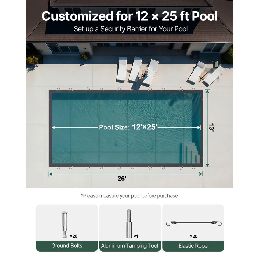 VEVOR Pool Safety Cover, 4 x8 m In-ground Pool Cover, Charcoal In-ground Pool Cover, PVC Pool Covers Rectangular Safety Pool Cover Solid Safety Pool Cover for Swimming Pool Winter Protection Cover