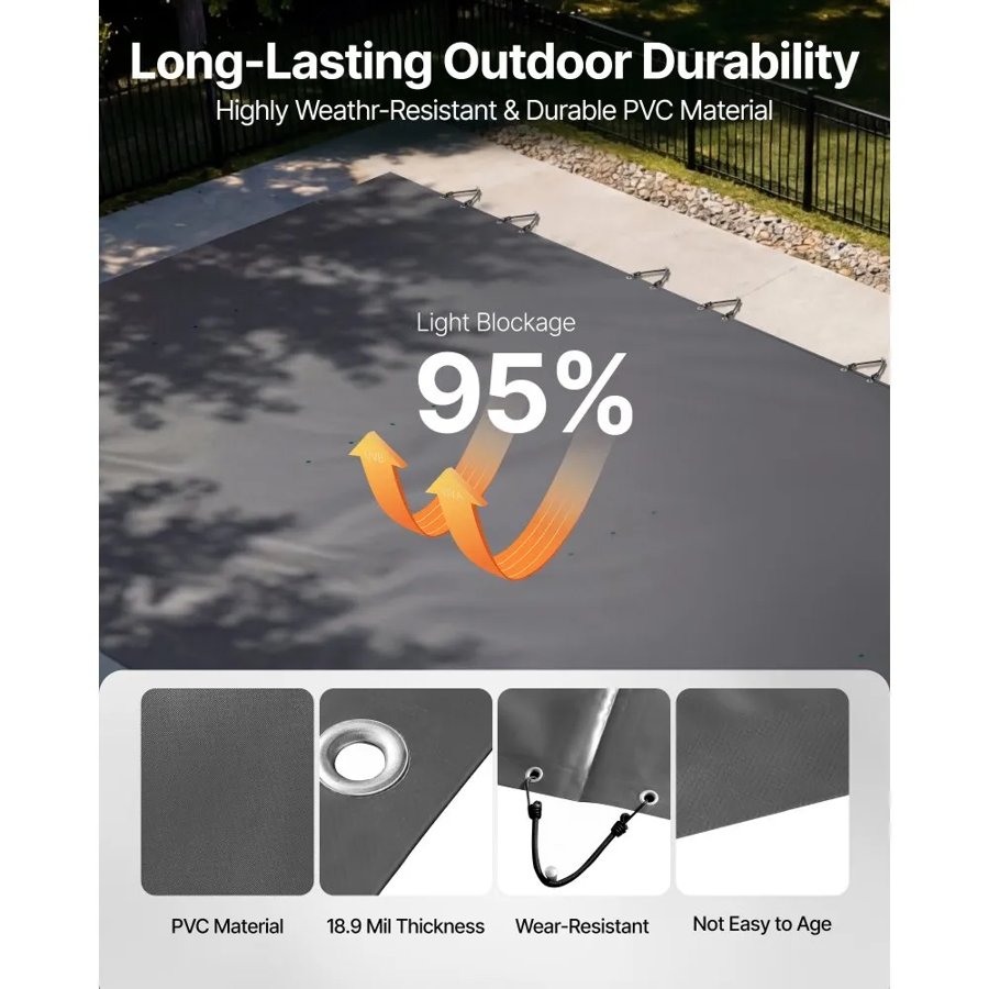 VEVOR Pool Safety Cover, 4 x8 m In-ground Pool Cover, Charcoal In-ground Pool Cover, PVC Pool Covers Rectangular Safety Pool Cover Solid Safety Pool Cover for Swimming Pool Winter Protection Cover