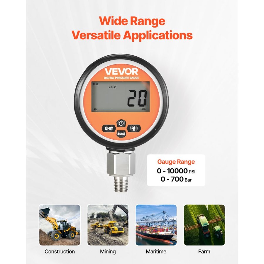 VEVOR Digital Hydraulic Pressure Gauge – 0–10000 PSI, 1/4"
